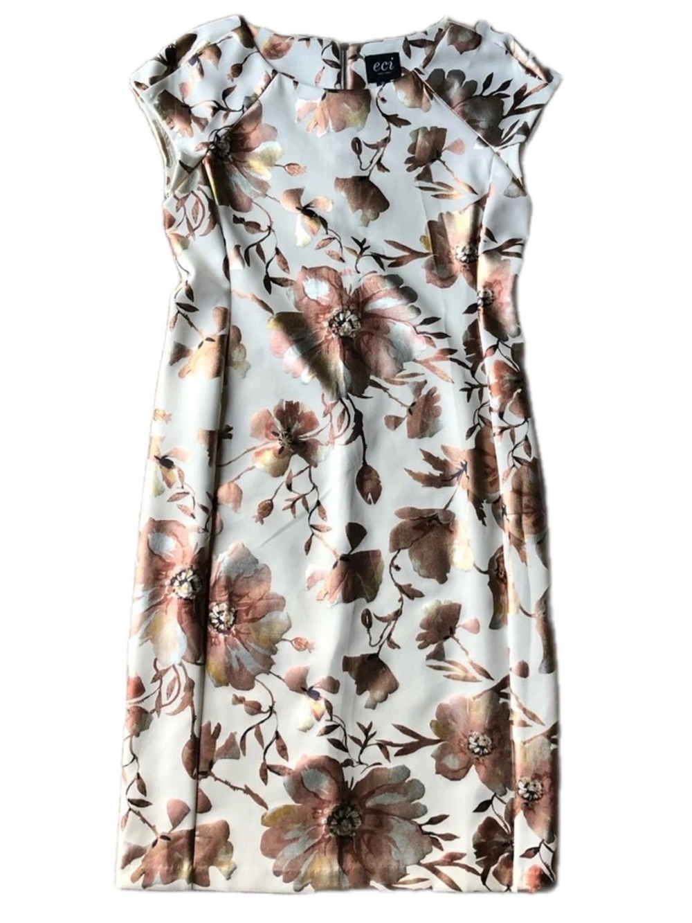 ECI New York White Midi Dress with metallic Gold Floral Accents